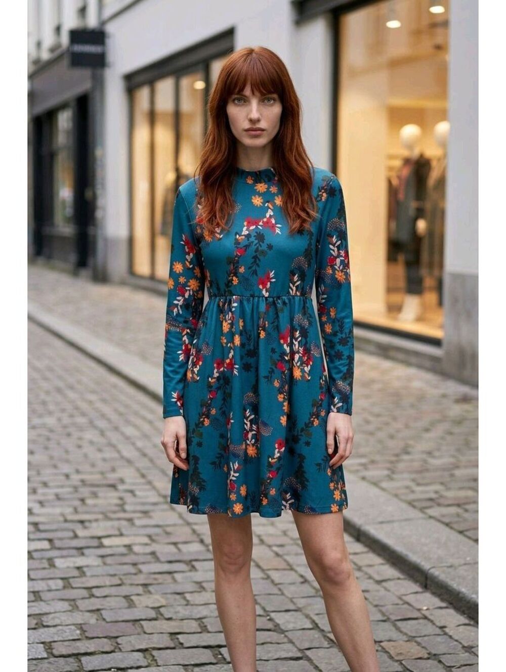 388. Teal Floral Long Sleeved Dress